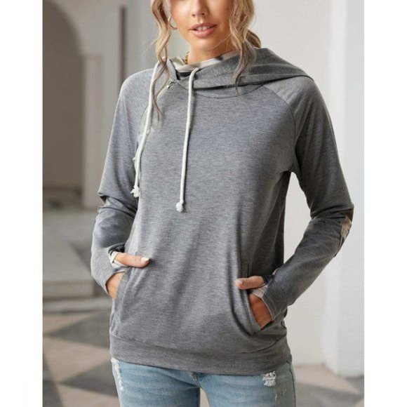 Gray Double Hooded Sweatshirt with Camo Elbow Patch and Inner Hooded 2XL - Picture 3 of 11